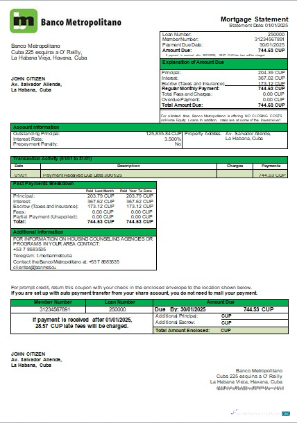 Download Cuba Banco Metropolitano bank mortgage statement scr Photoshop template